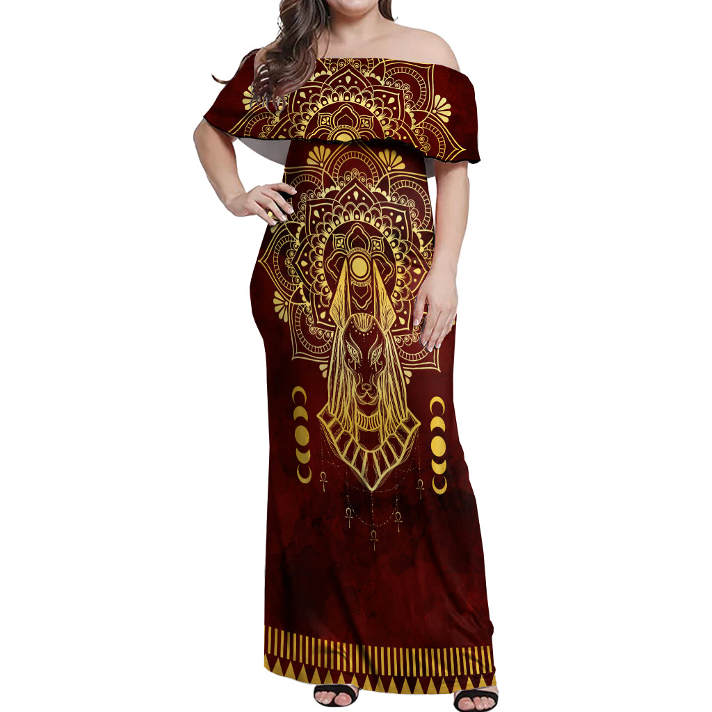 Personalized Anubis Off Shoulder Maxi Dress Ancient Egyptian Pattern In Red