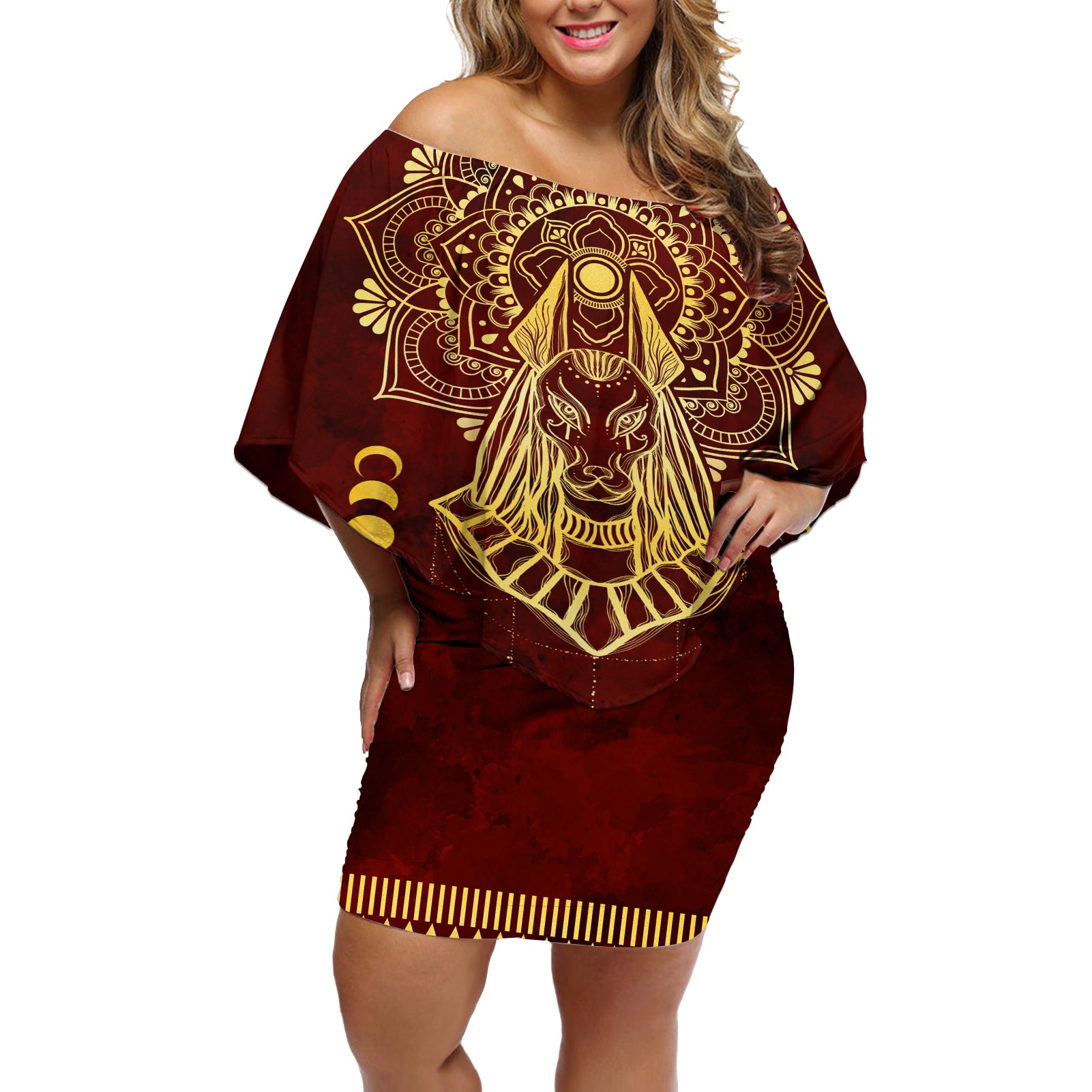 Personalized Anubis Off Shoulder Short Dress Ancient Egyptian Pattern In Red