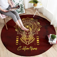 Round red carpet with gold mandala Anubis artwork and Custom Name lettering
