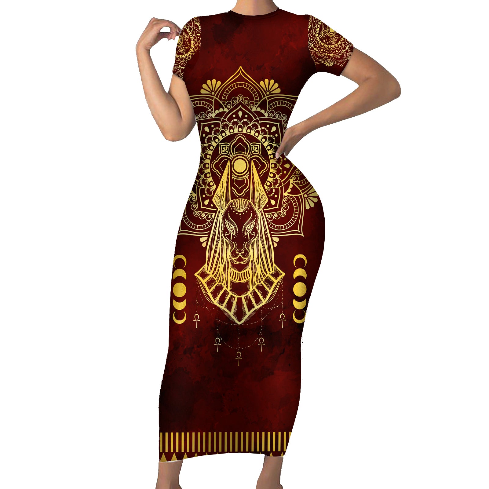 Personalized Anubis Short Sleeve Bodycon Dress Ancient Egyptian Pattern In Red