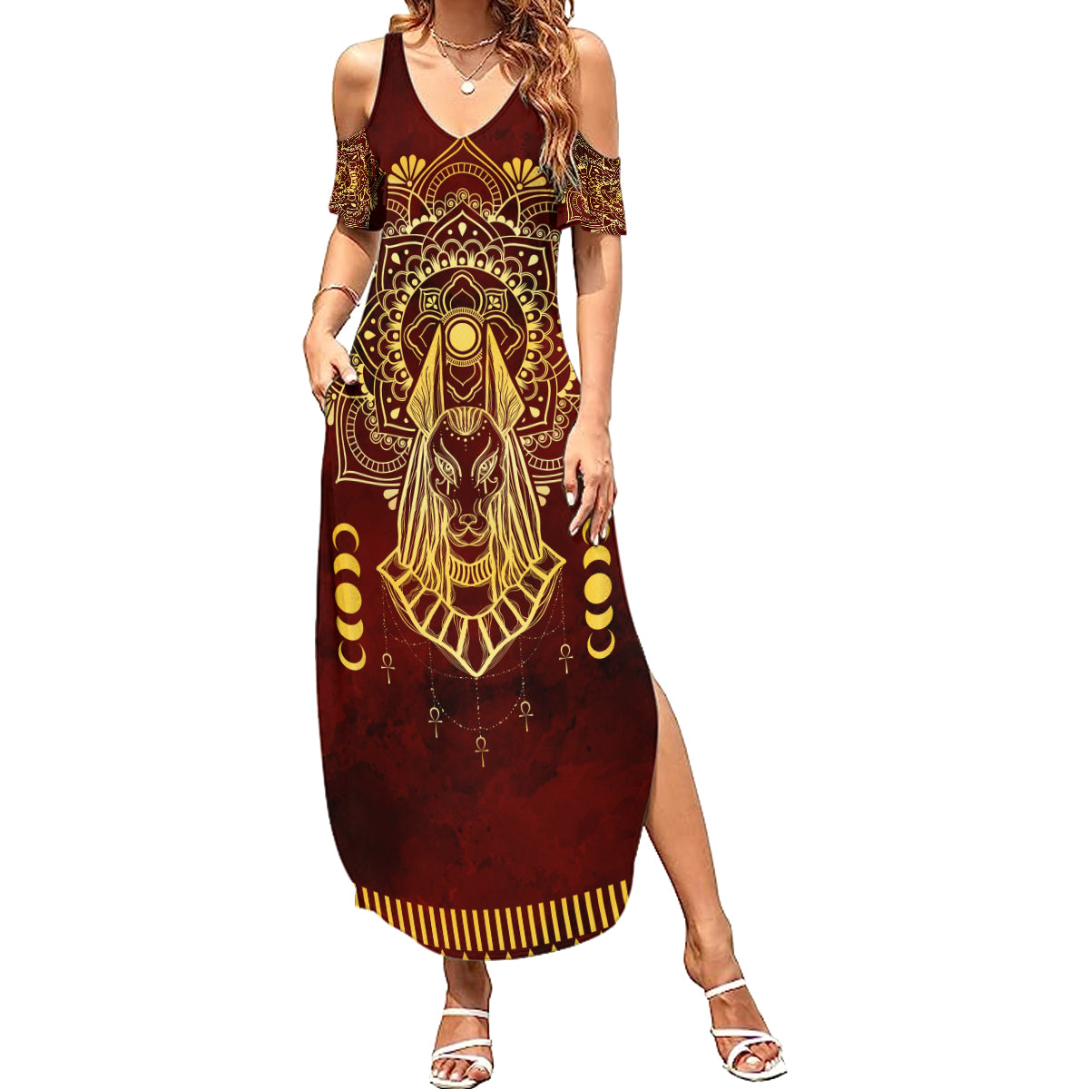 Personalized Anubis Summer Maxi Dress Ancient Egyptian Pattern In Red