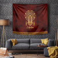 Red Anubis tapestry wall hanging featuring centered gold portrait and yellow-black border strip