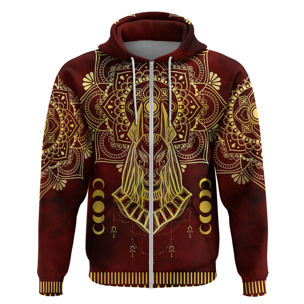 Personalized Anubis Zip Hoodie Ancient Egyptian Pattern In Red