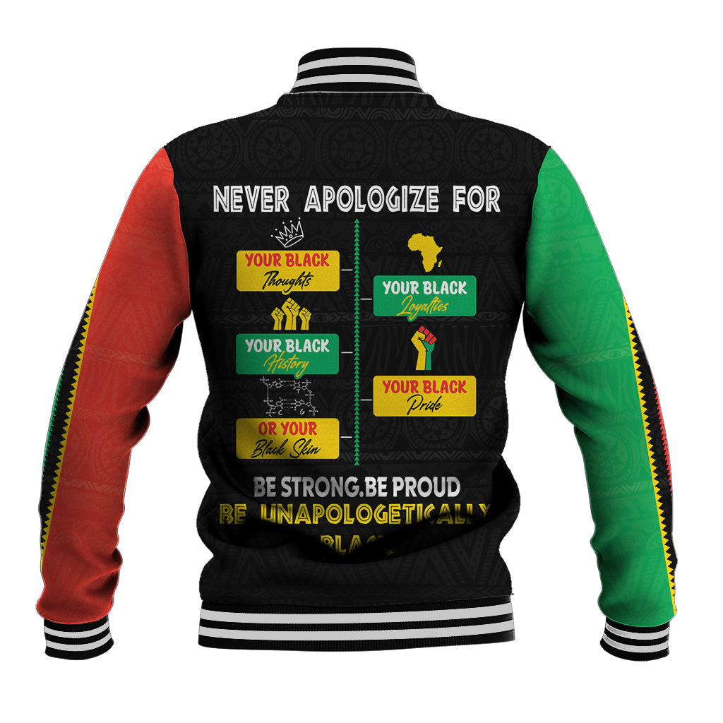 Black baseball jacket with striped trim, multicolor sleeves, pride text graphic on back.