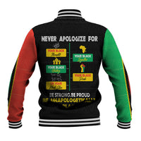 Black baseball jacket with striped trim, multicolor sleeves, pride text graphic on back.