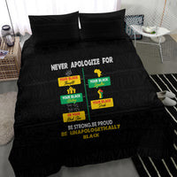 Black bedding set with two pillowcases and comforter, pride slogan and graphic collage