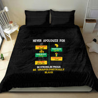 Black bedding set with two pillowcases and comforter, pride text and colored label graphics