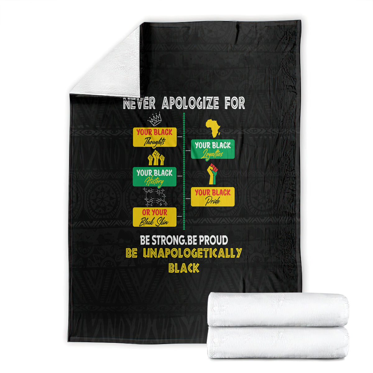 Black pride blanket folded with “Never Apologize For” text and Pride icon graphics