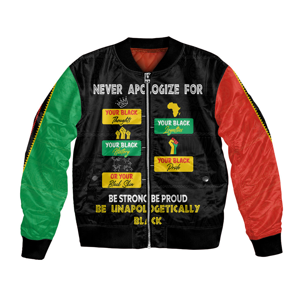 Black bomber jacket with green and red sleeves, bold pride slogan graphic front
