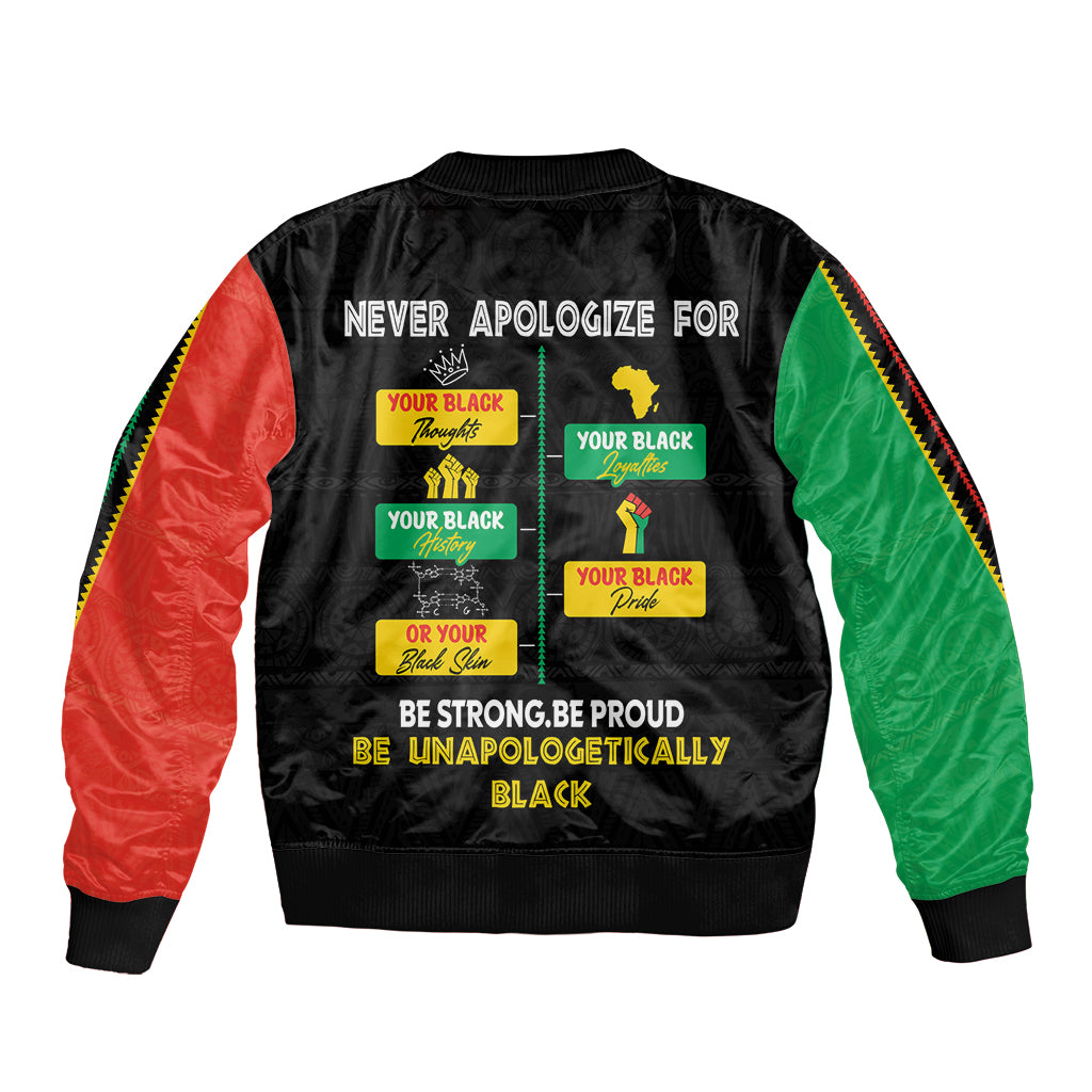 Black bomber jacket with green and red sleeves, pride slogan graphic on back