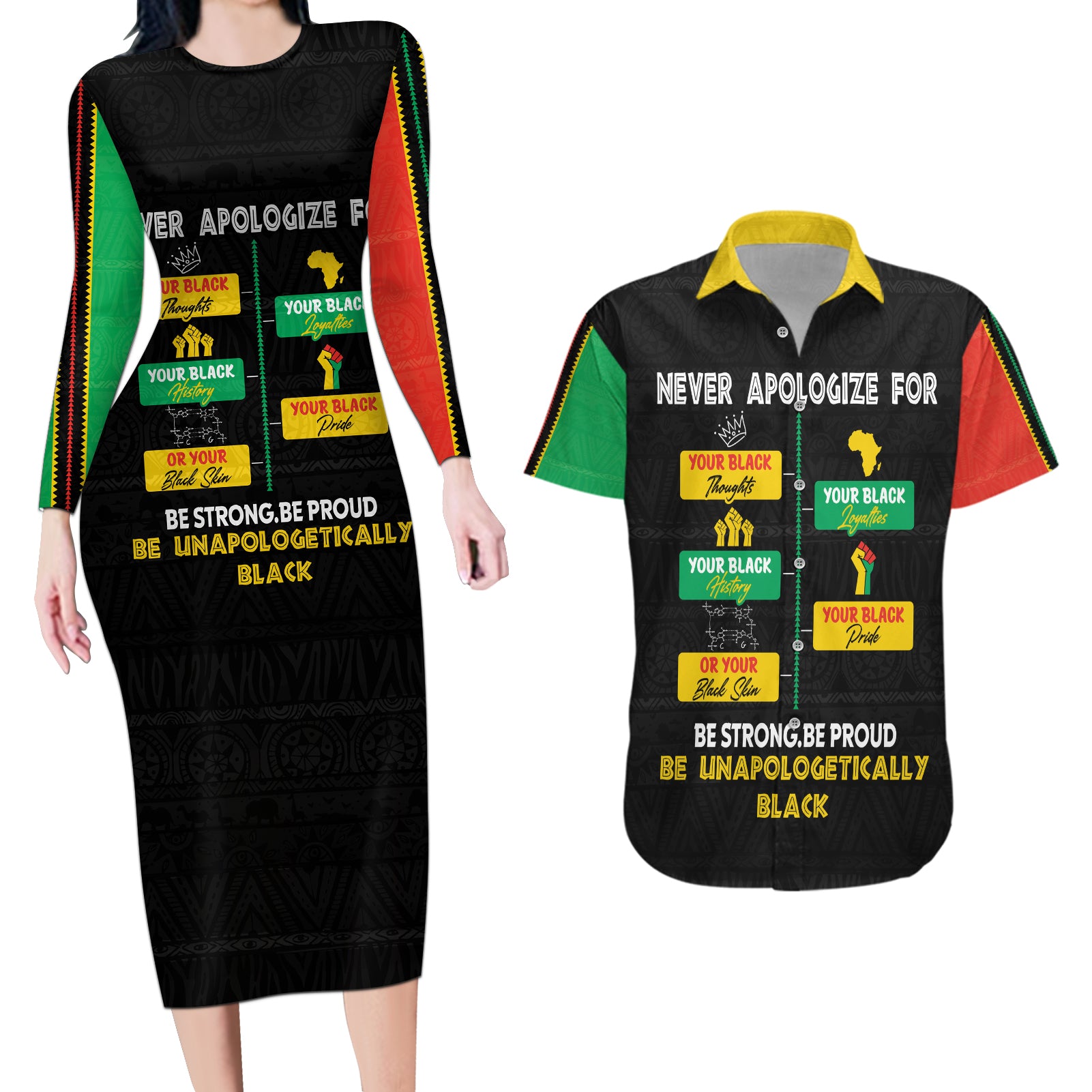 Never Apologize For Your Pride Couples Matching Long Sleeve Bodycon Dress and Hawaiian Shirt African Black History - Wonder Print Shop