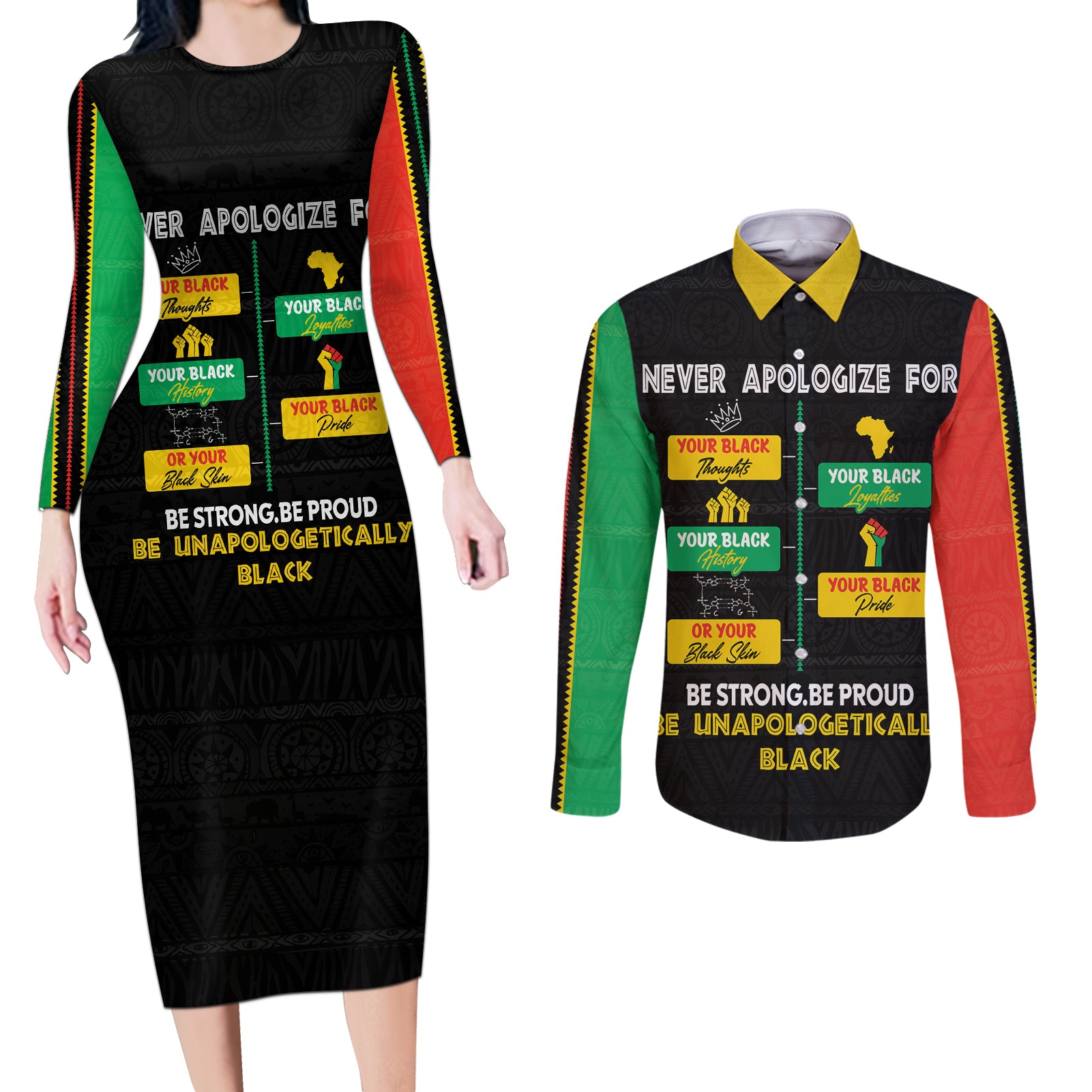 Never Apologize For Your Pride Couples Matching Long Sleeve Bodycon Dress and Long Sleeve Button Shirt African Black History - Wonder Print Shop