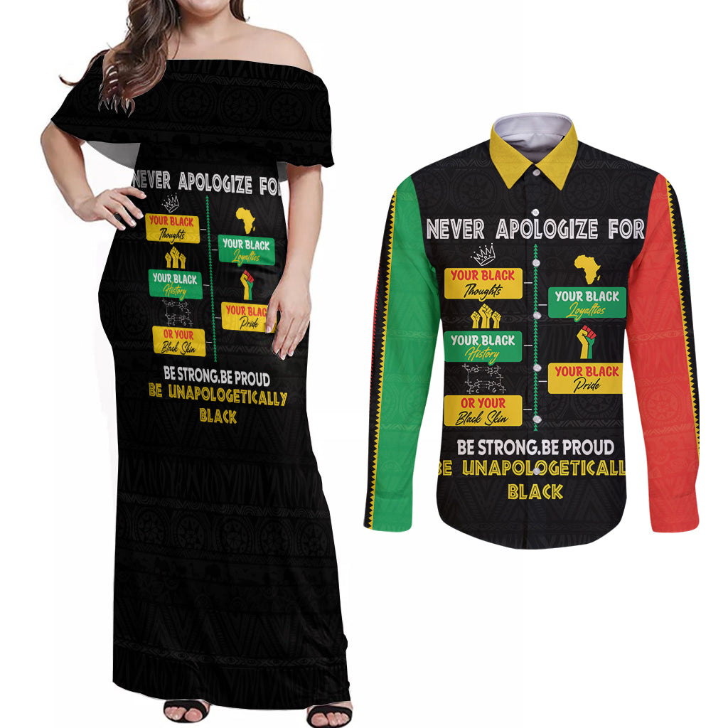 Never Apologize For Your Pride Couples Matching Off Shoulder Maxi Dress and Long Sleeve Button Shirt African Black History - Wonder Print Shop