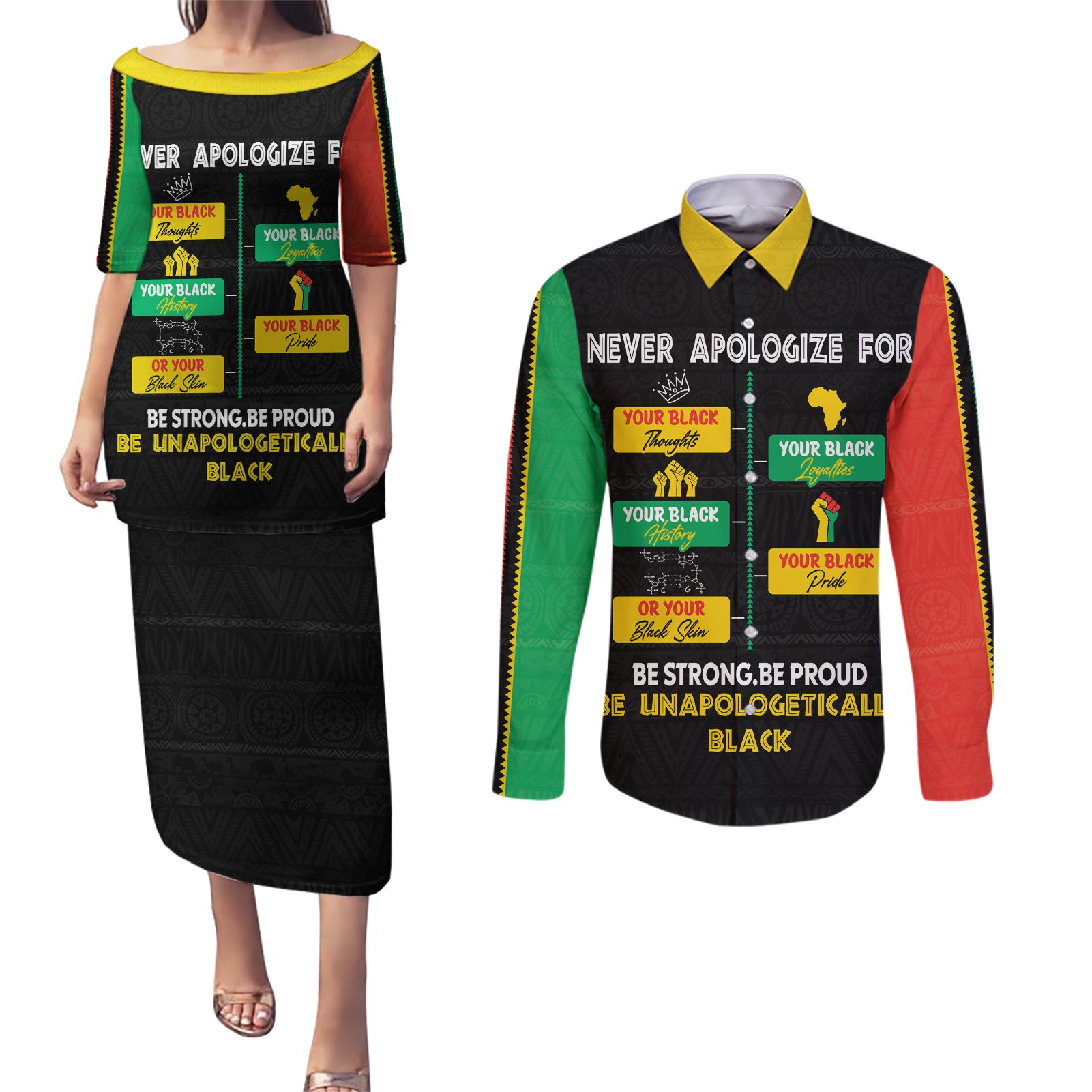 Never Apologize For Your Pride Couples Matching Puletasi and Long Sleeve Button Shirt African Black History - Wonder Print Shop