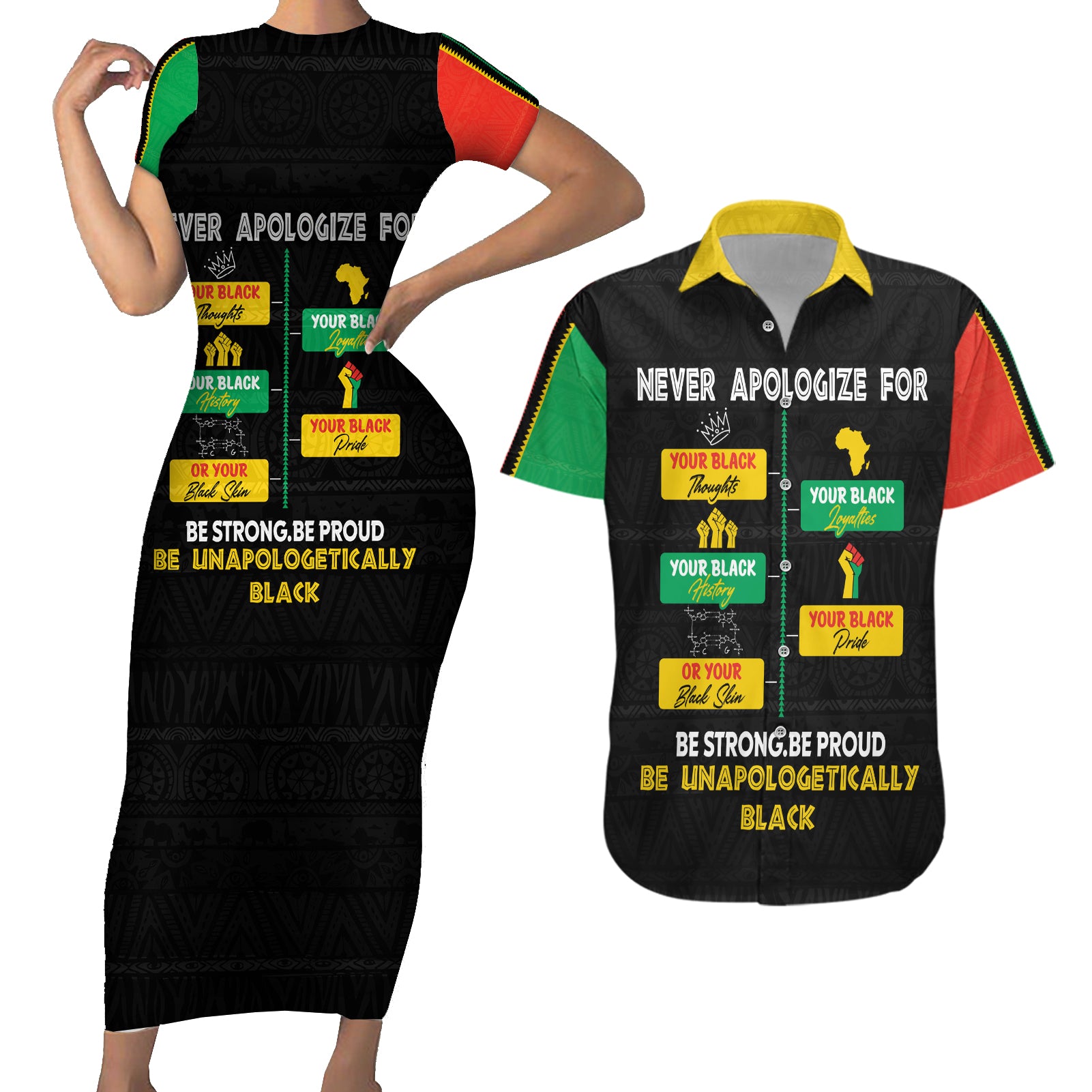 Never Apologize For Your Pride Couples Matching Short Sleeve Bodycon Dress and Hawaiian Shirt African Black History - Wonder Print Shop