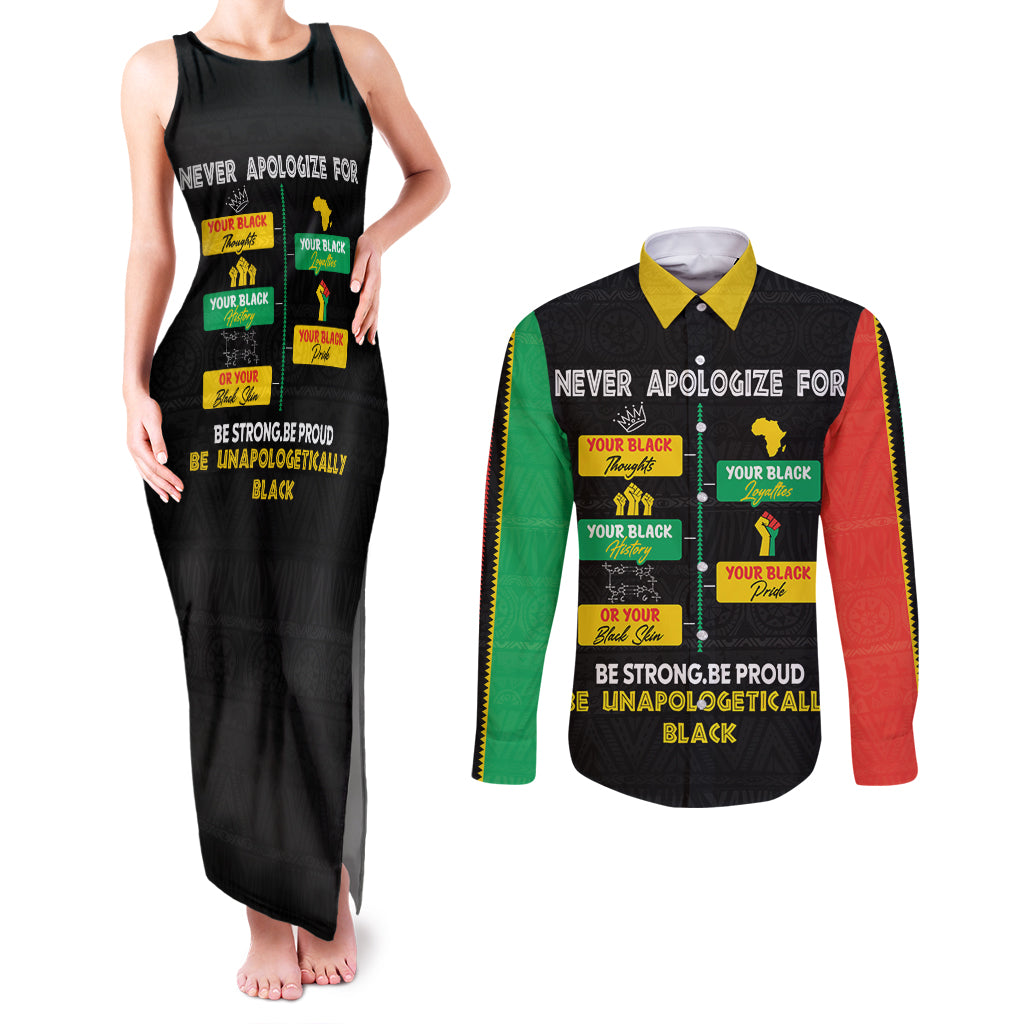 Never Apologize For Your Pride Couples Matching Tank Maxi Dress and Long Sleeve Button Shirt African Black History - Wonder Print Shop