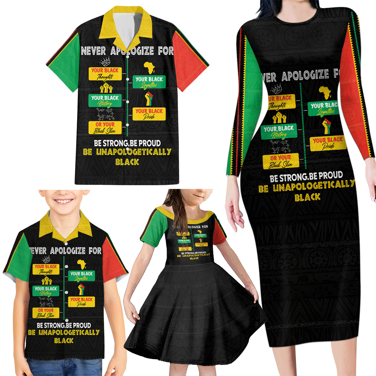 Never Apologize For Your Pride Family Matching Long Sleeve Bodycon Dress and Hawaiian Shirt African Black History - Wonder Print Shop