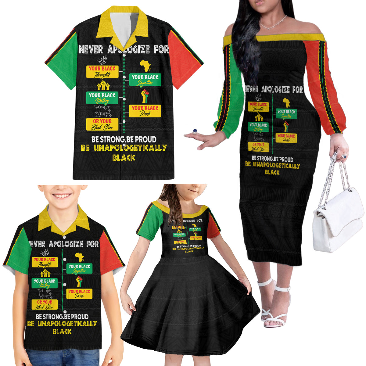 Never Apologize For Your Pride Family Matching Off Shoulder Long Sleeve Dress and Hawaiian Shirt African Black History - Wonder Print Shop