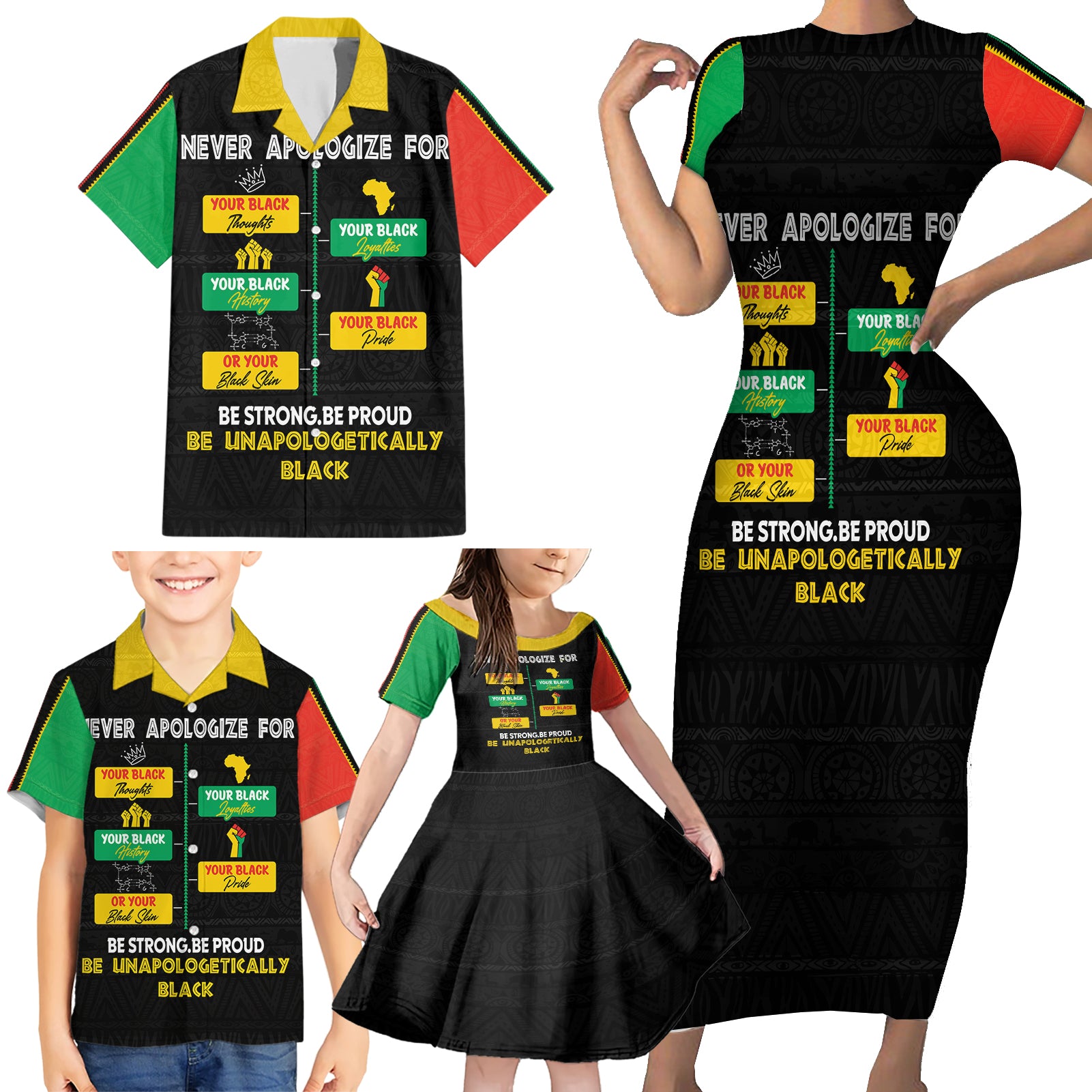 Never Apologize For Your Pride Family Matching Short Sleeve Bodycon Dress and Hawaiian Shirt African Black History - Wonder Print Shop