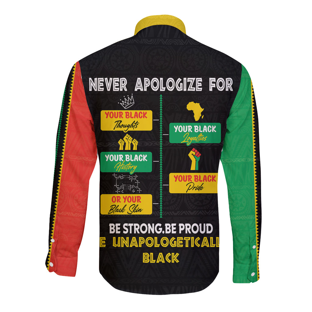 Black long-sleeve button shirt with pride graphic and multicolor side sleeves, back