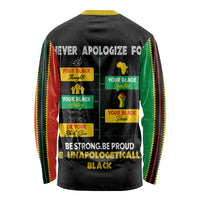 Black long-sleeve shirt showing pride slogan and large graphic with colorful side stripes