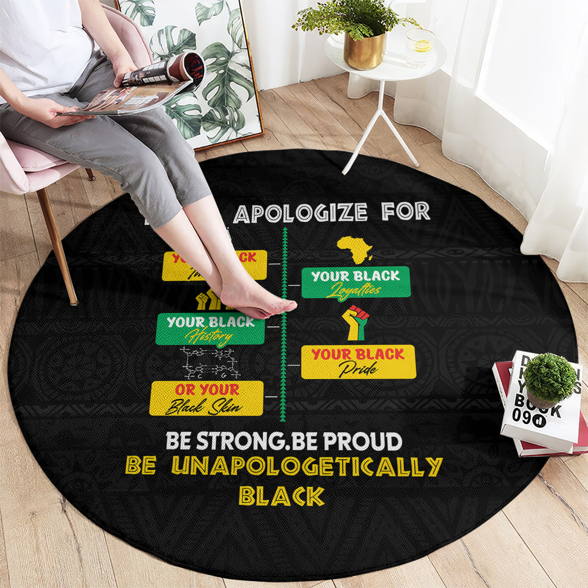Black round African pride carpet featuring colorful text blocks and “BE UNAPOLOGETICALLY BLACK”