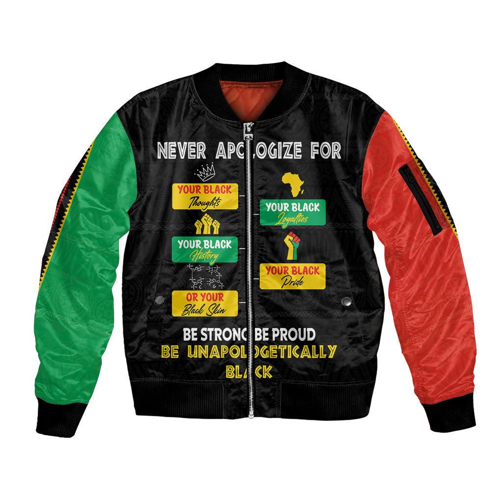 Never Apologize For Your Pride Sleeve Zip Bomber Jacket African Black History