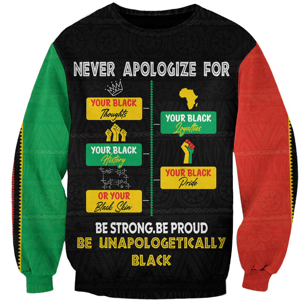 Black crewneck sweatshirt with bold pride graphic and colorful side sleeves, long sleeves