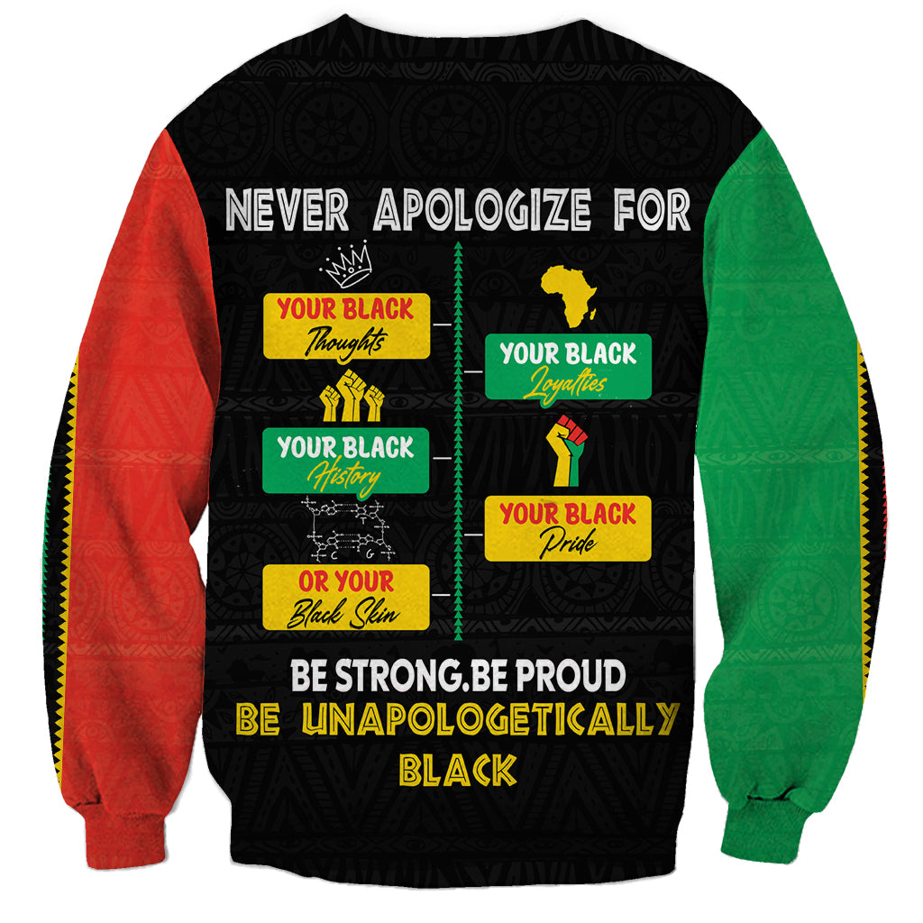 Black crewneck sweatshirt with large back graphic and colorful left/right sleeves, long sleeves