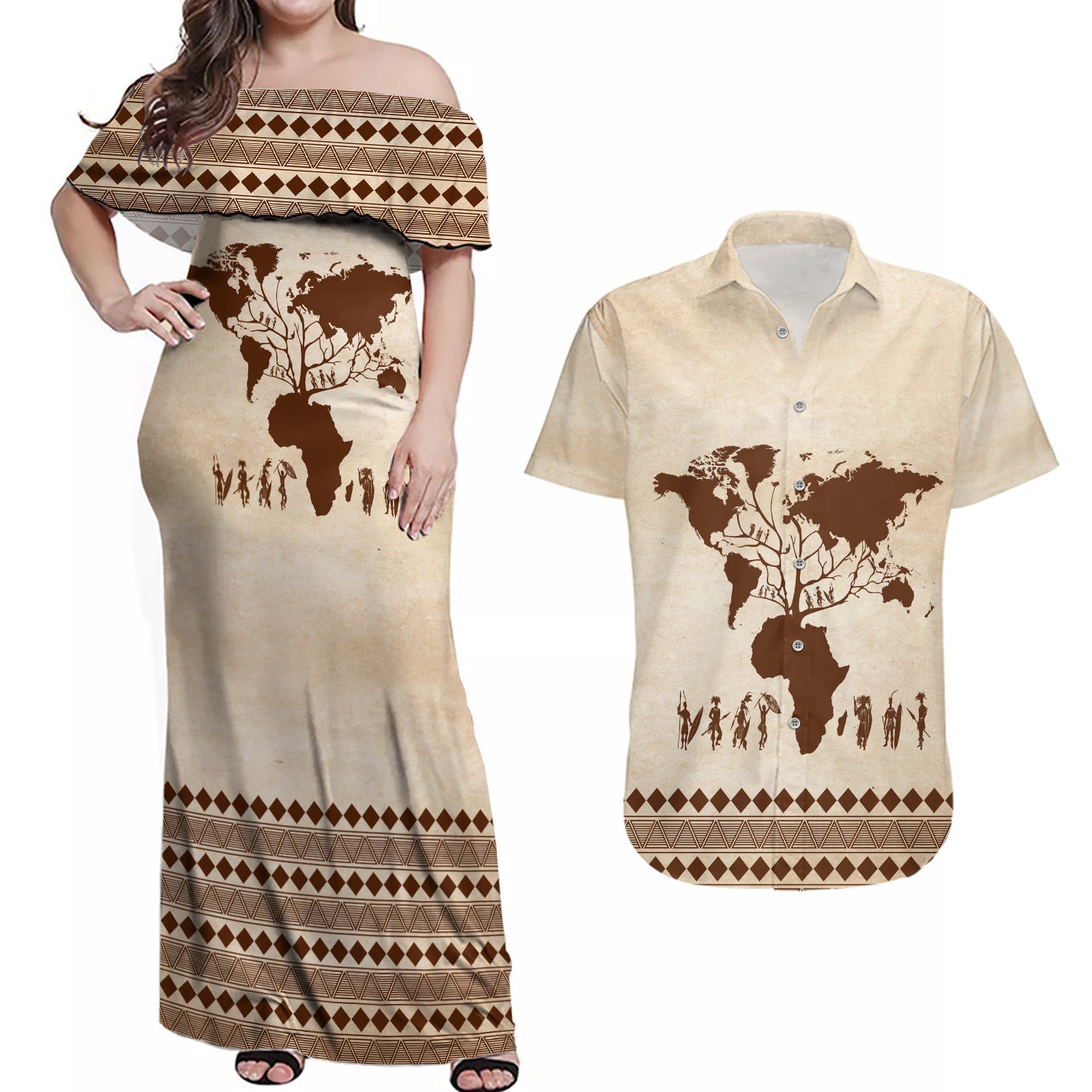 Root Africa Couples Matching Off Shoulder Maxi Dress and Hawaiian Shirt African Map - Wonder Print Shop