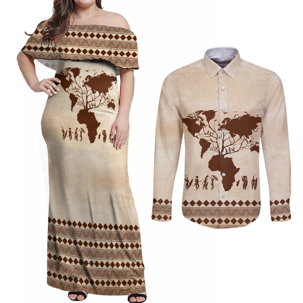 Root Africa Couples Matching Off Shoulder Maxi Dress and Long Sleeve Button Shirt African Map - Wonder Print Shop