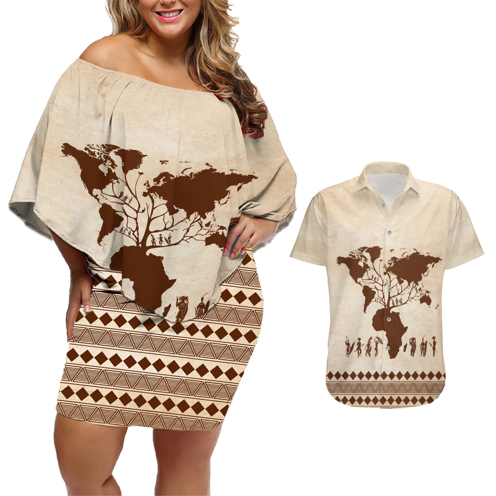 Root Africa Couples Matching Off Shoulder Short Dress and Hawaiian Shirt African Map - Wonder Print Shop