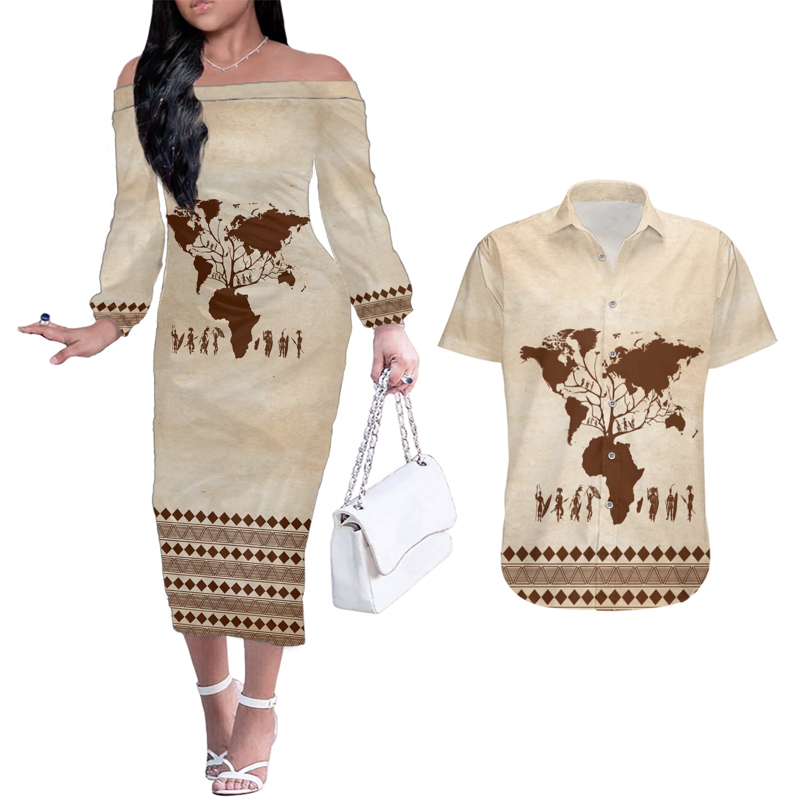 Root Africa Couples Matching Off The Shoulder Long Sleeve Dress and Hawaiian Shirt African Map - Wonder Print Shop