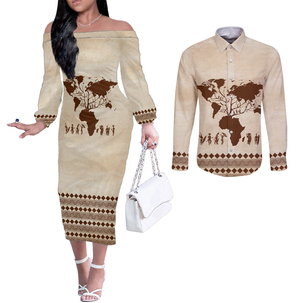 Root Africa Couples Matching Off The Shoulder Long Sleeve Dress and Long Sleeve Button Shirt African Map