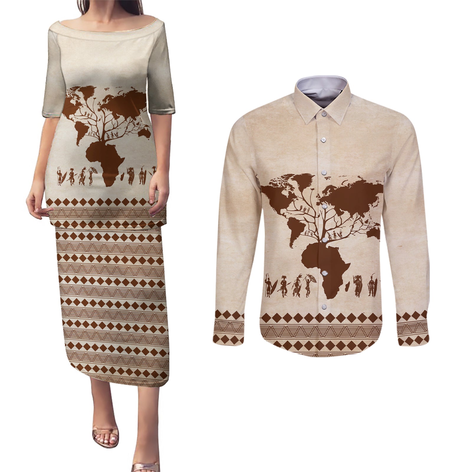 Root Africa Couples Matching Puletasi and Long Sleeve Button Shirt African Map - Wonder Print Shop