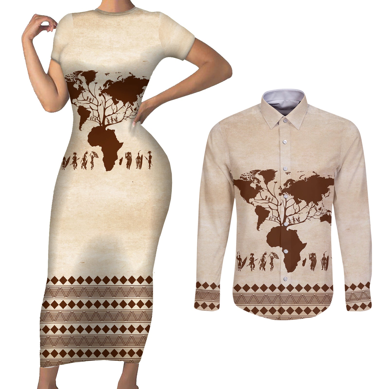 Root Africa Couples Matching Short Sleeve Bodycon Dress and Long Sleeve Button Shirt African Map - Wonder Print Shop