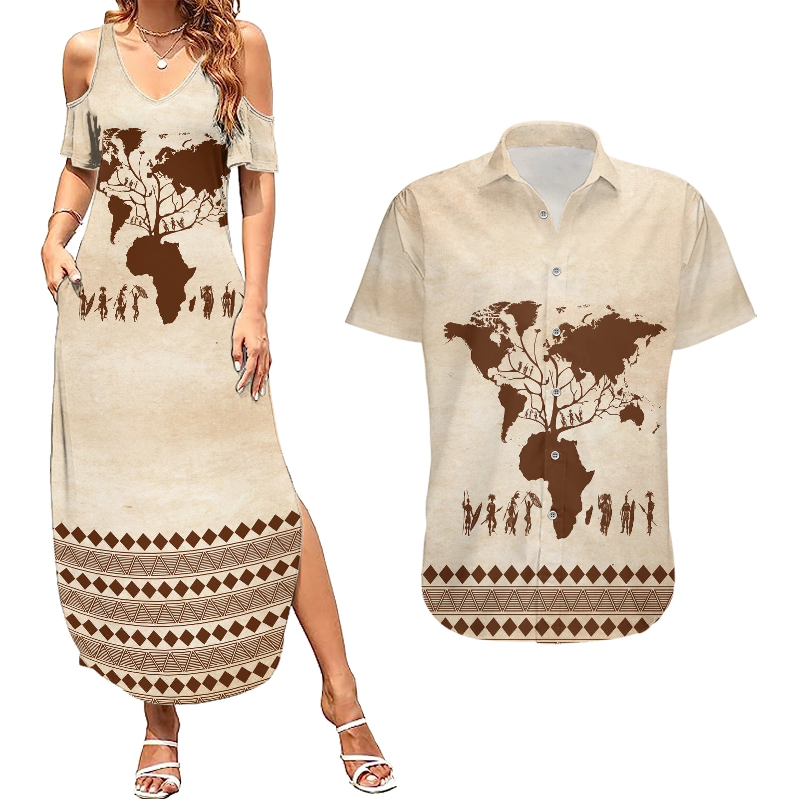 Root Africa Couples Matching Summer Maxi Dress and Hawaiian Shirt African Map - Wonder Print Shop