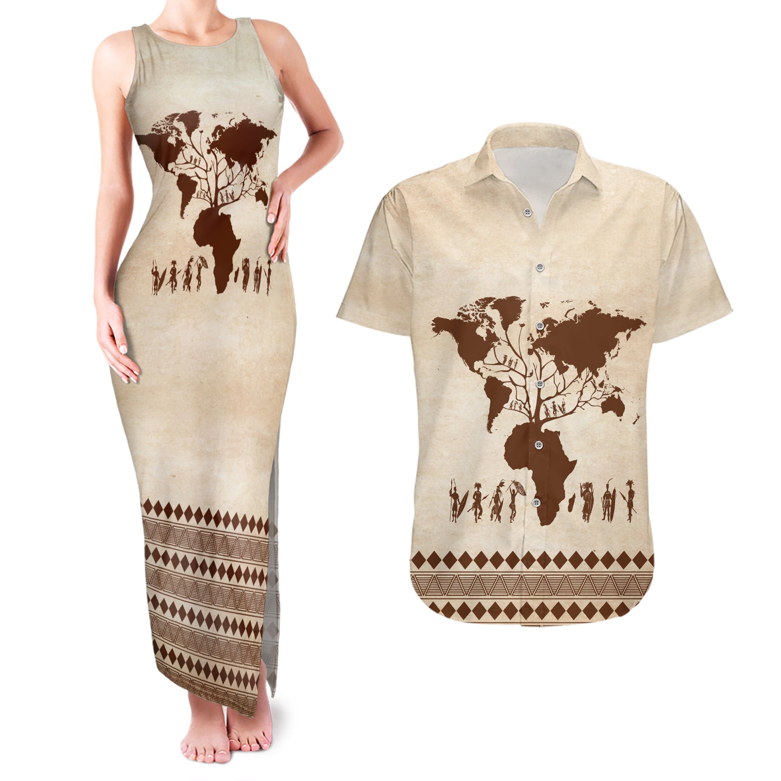 Root Africa Couples Matching Tank Maxi Dress and Hawaiian Shirt African Map - Wonder Print Shop