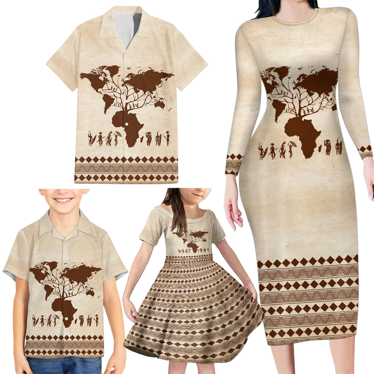 Root Africa Family Matching Long Sleeve Bodycon Dress and Hawaiian Shirt African Map - Wonder Print Shop