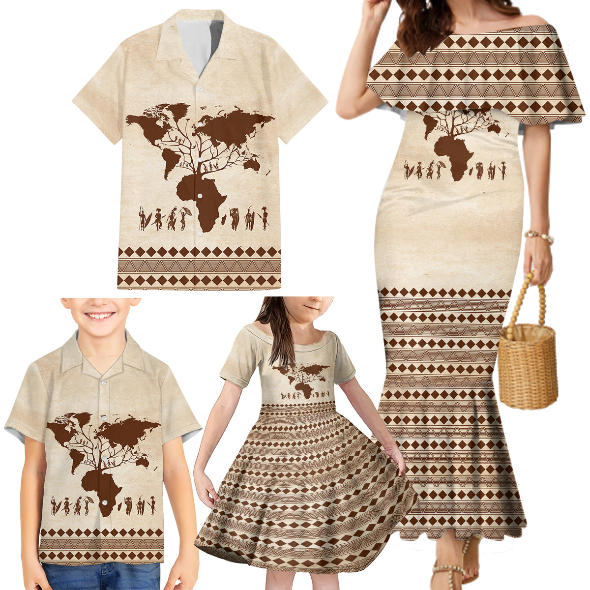 Root Africa Family Matching Mermaid Dress and Hawaiian Shirt African Map - Wonder Print Shop