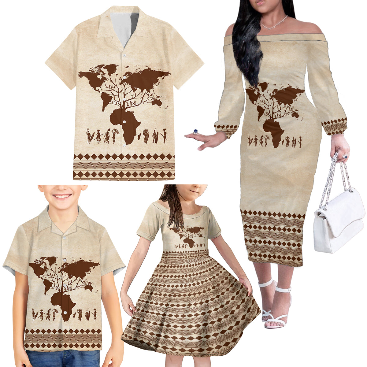 Root Africa Family Matching Off Shoulder Long Sleeve Dress and Hawaiian Shirt African Map - Wonder Print Shop