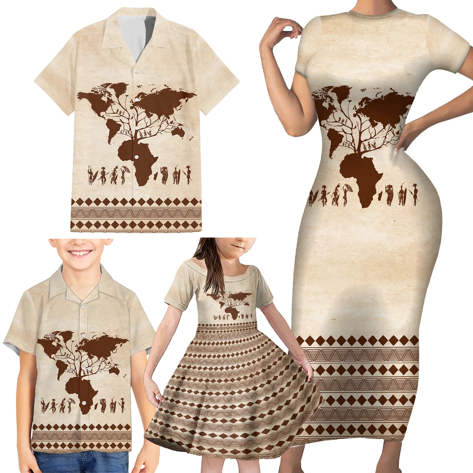 Root Africa Family Matching Short Sleeve Bodycon Dress and Hawaiian Shirt African Map - Wonder Print Shop