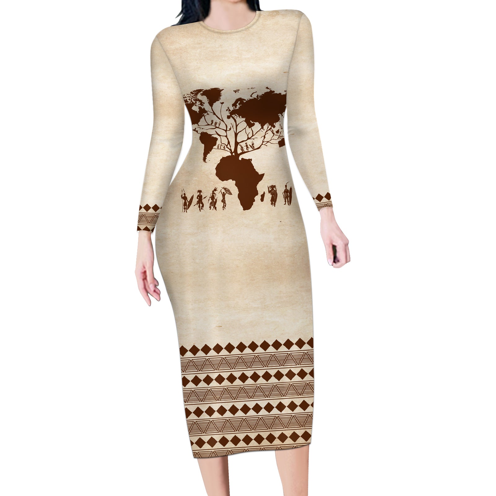 Root Africa Long Sleeve Bodycon Dress African Map - Wonder Print Shop