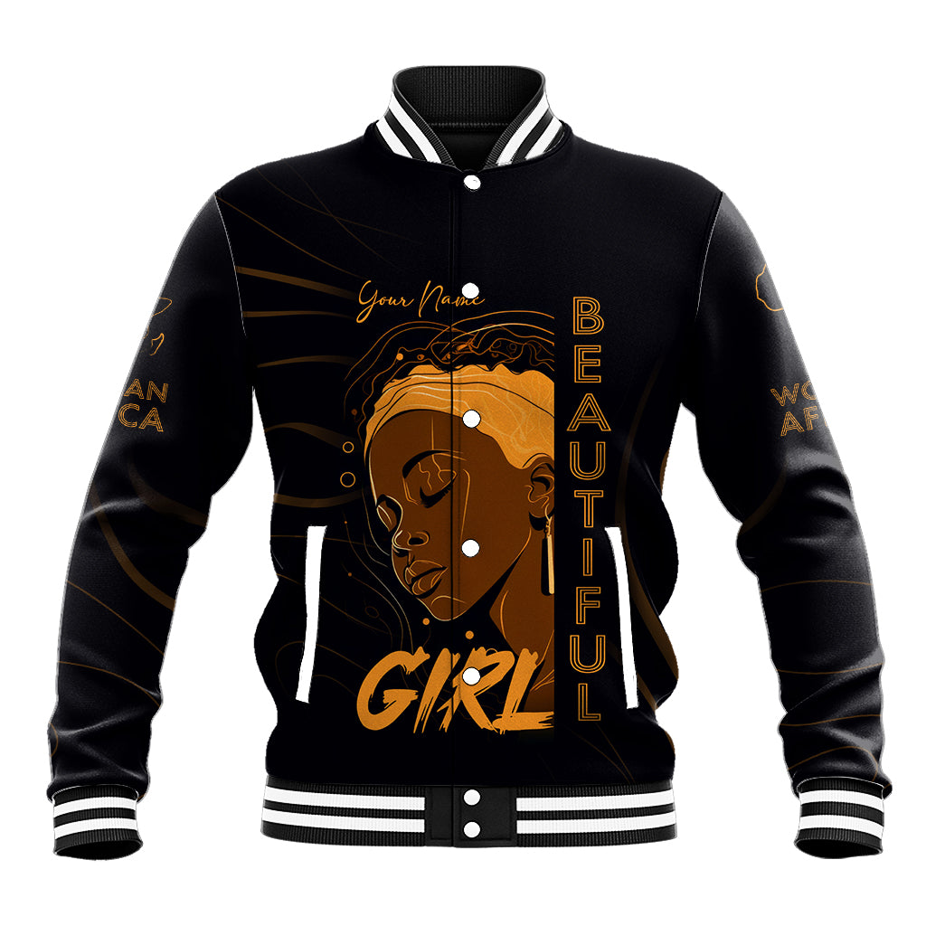 Black baseball jacket with striped ribbed collar and cuffs, front zipper, gold African girl graphic