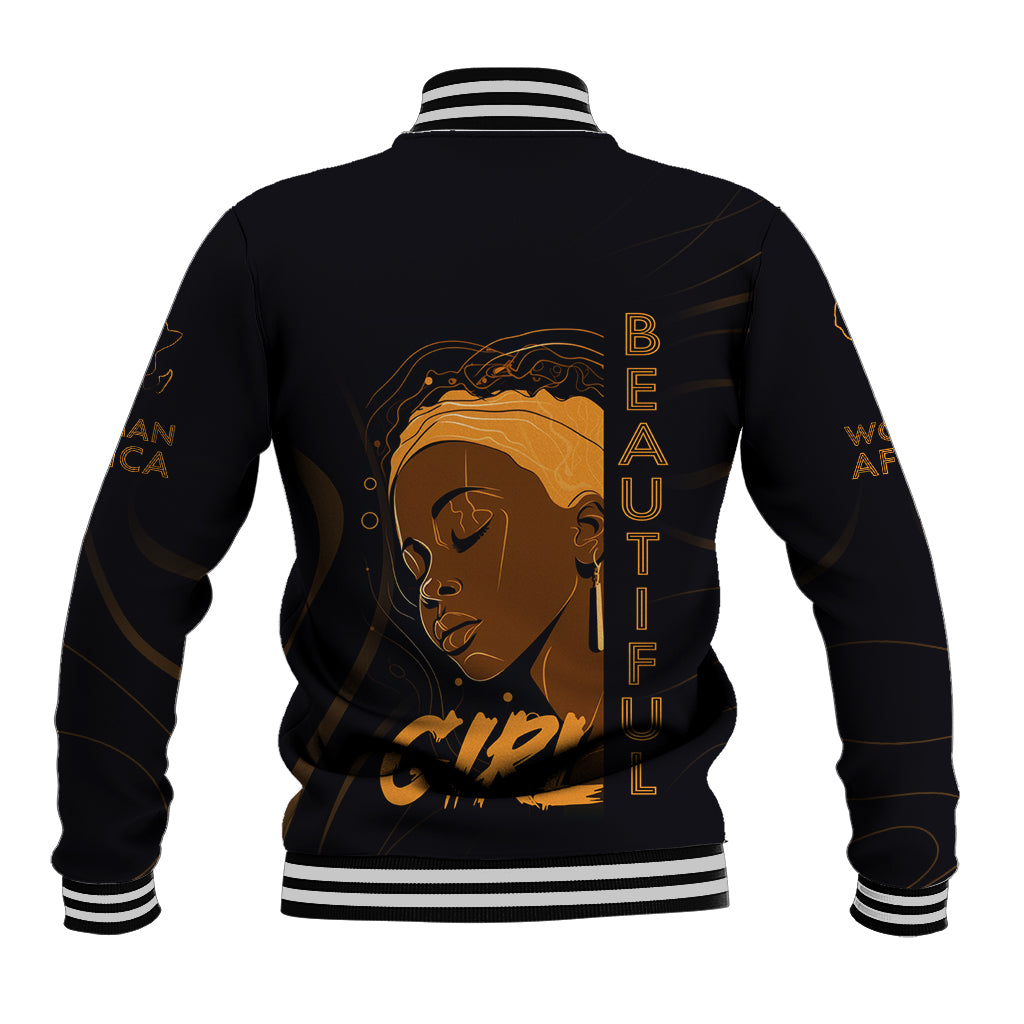 Black baseball jacket with striped ribbed collar and hem, back gold African girl graphic