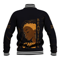 Black baseball jacket with striped ribbed collar and hem, back gold African girl graphic