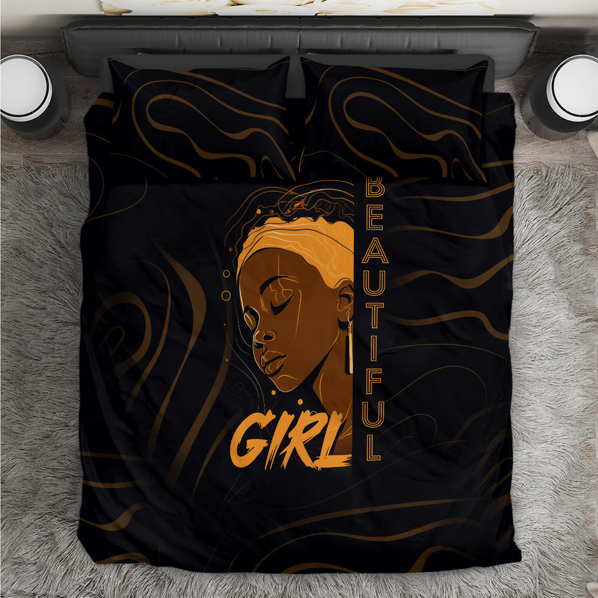 Black bedding set with gold wave lines, portrait graphic, 'GIRL' text on duvet