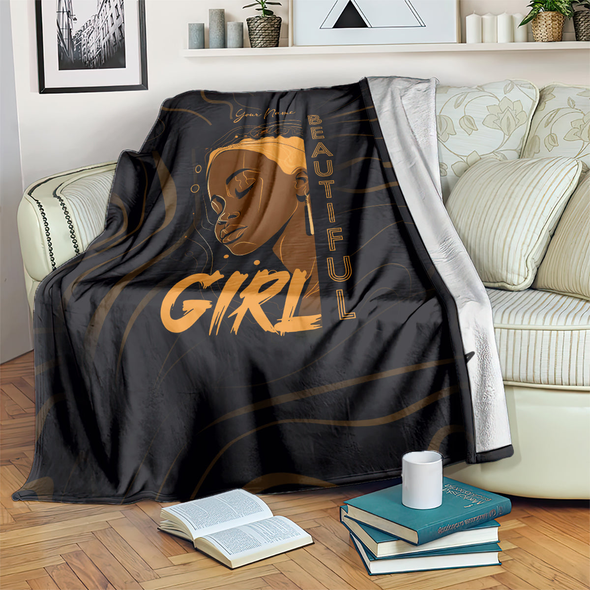 Personalized black throw blanket with gold woman portrait and vertical text design