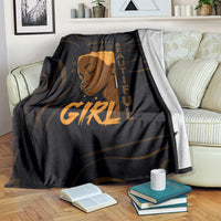 Personalized black throw blanket with gold woman portrait and vertical text design