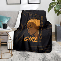 Personalized black blanket on floor with gold woman portrait, “Your Name” and text